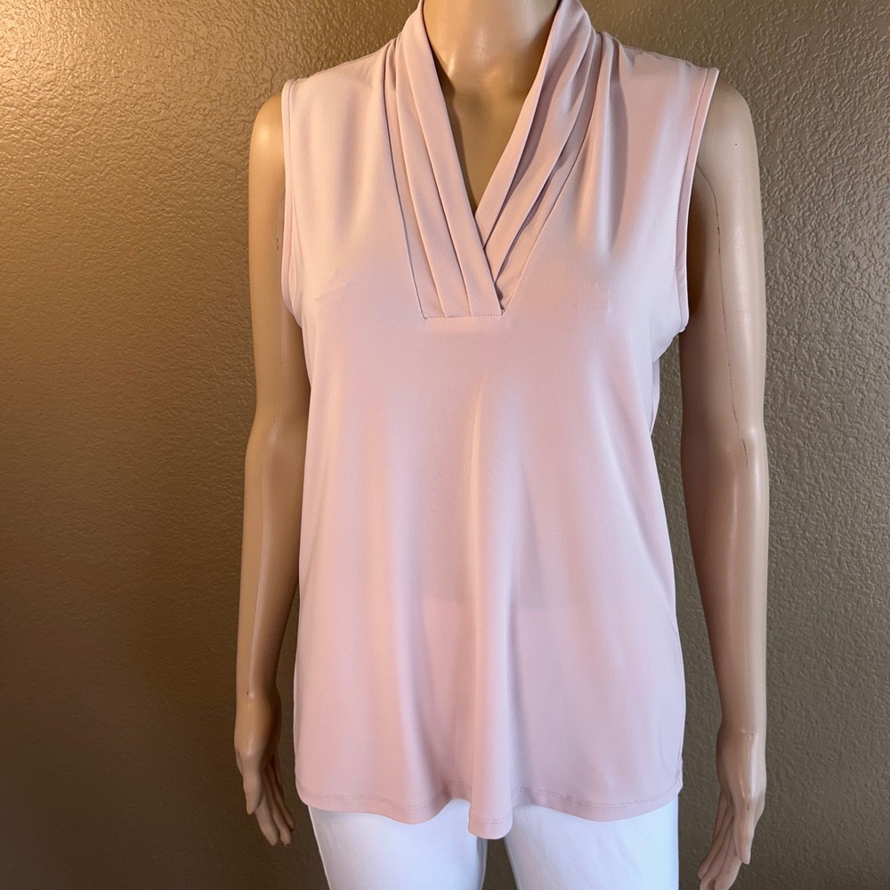 Anne Klein Womens Sleeveless Pleated V-Neck Blouse Pink Jersey Knit Top Medium